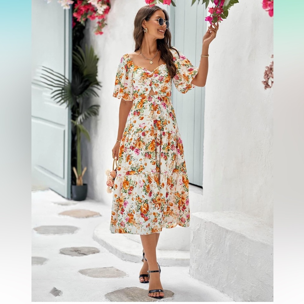 Floral Puff Sleeve Midi Dress w/ Cut-Out | Size M | - Picture 3 of 9